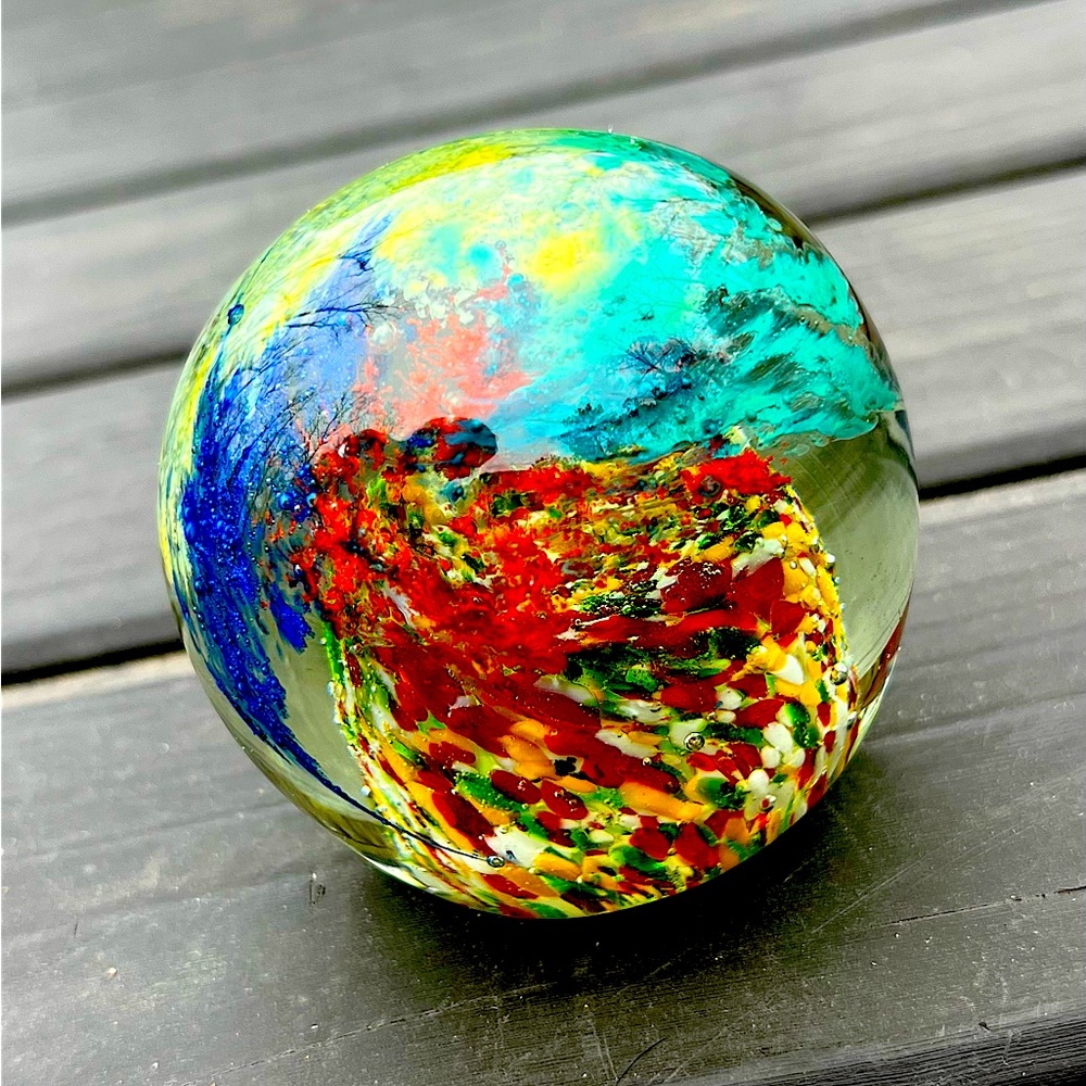 Estate Sale Vintage Multicolored Unique Brushed Designs Glass Paperweight.